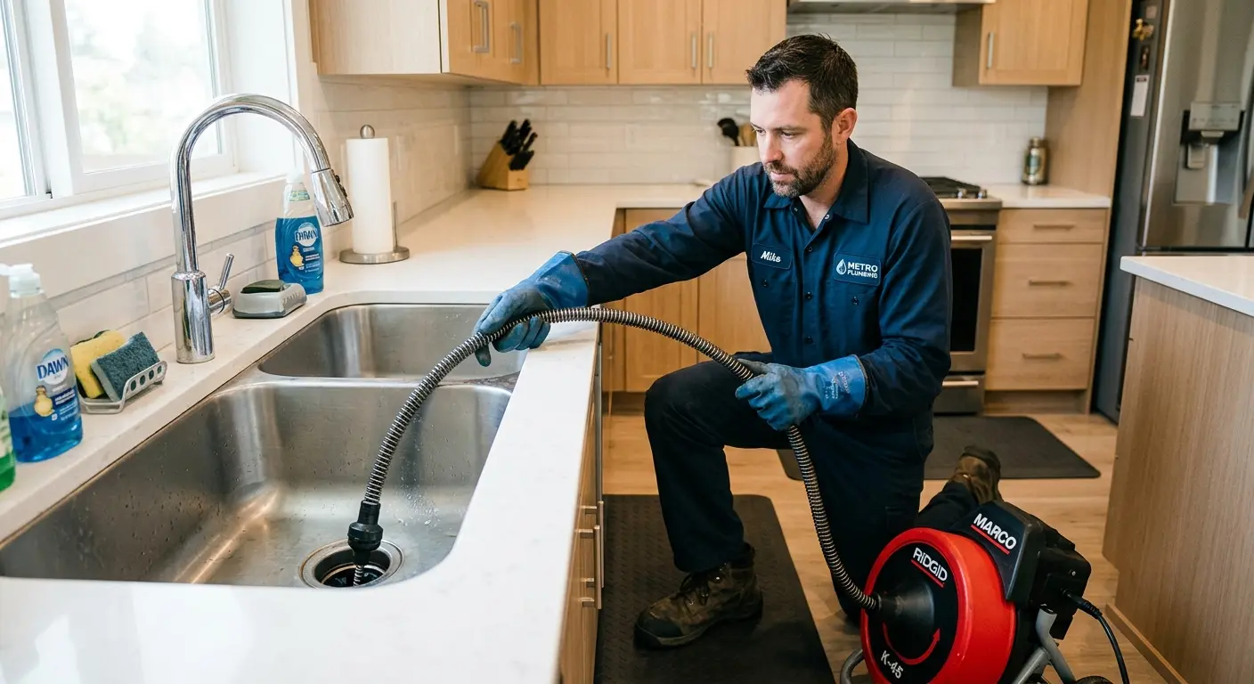 Drain cleaning technician using a motorized snake on a kitchen sink in Winnetka