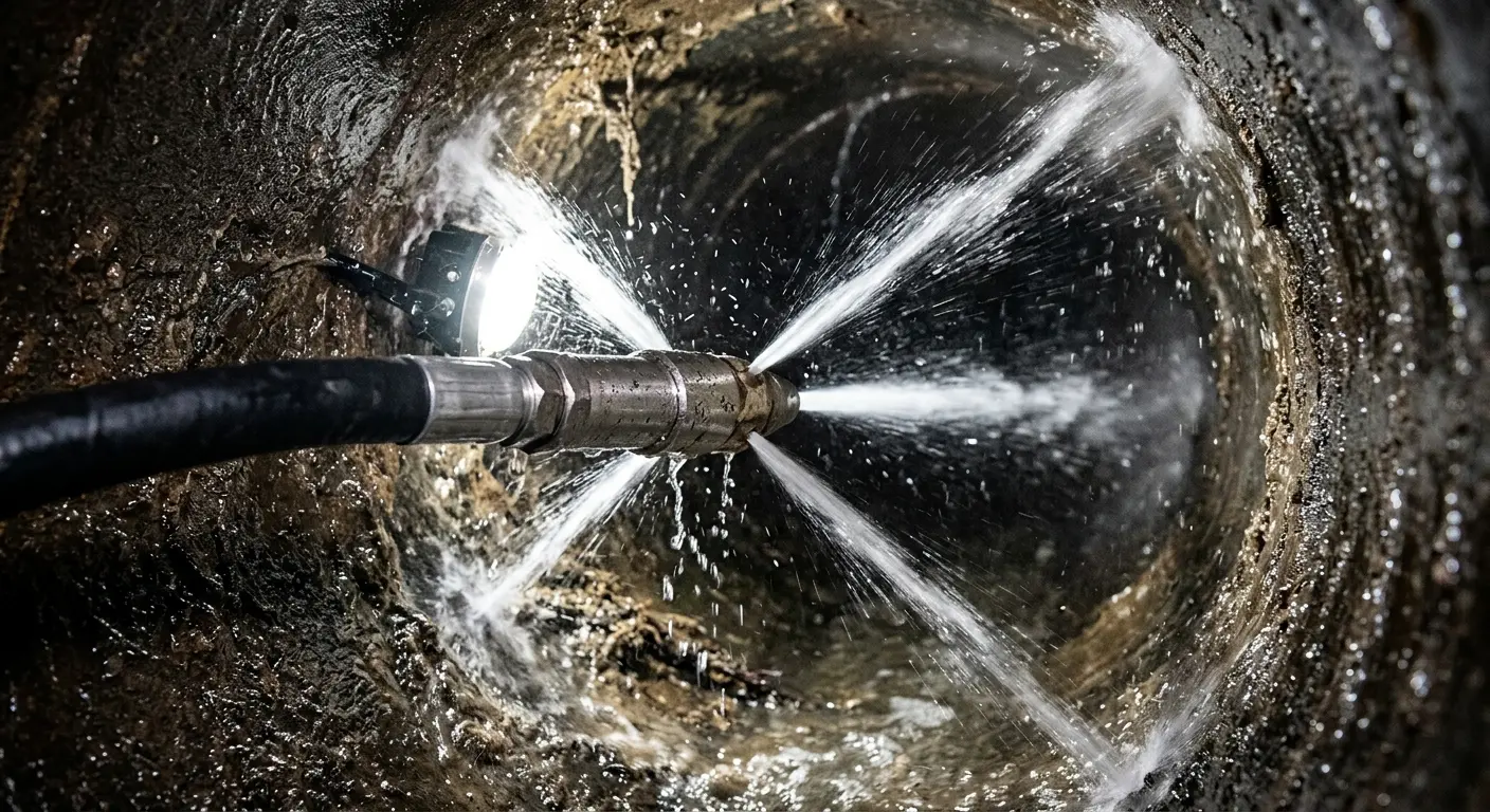 High-pressure hydro jetting nozzle cleaning sewer pipe for Sewer Cleanout in Winnetka