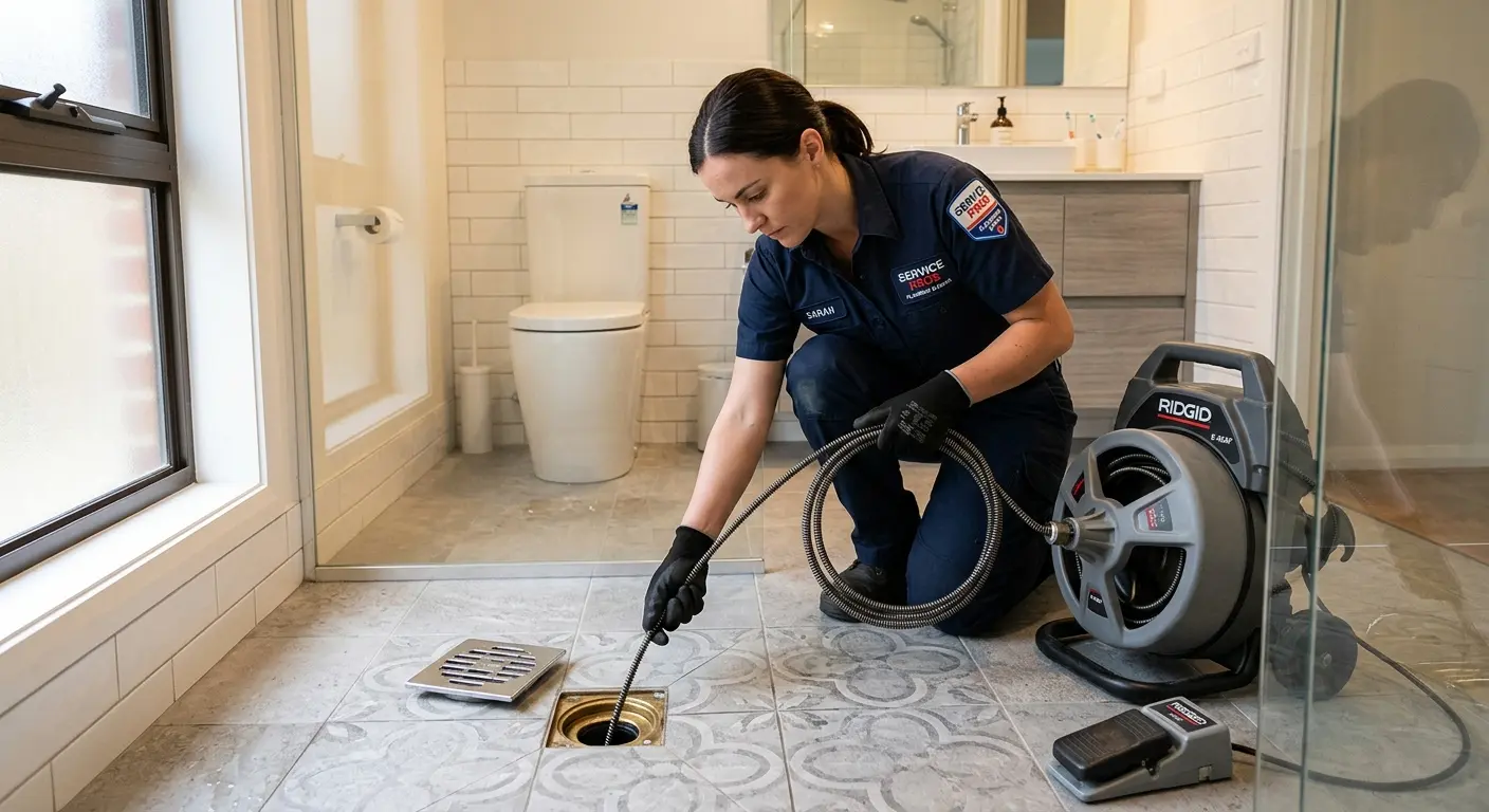 Technician clearing a bathroom floor drain for Drain Cleaning in Winnetka